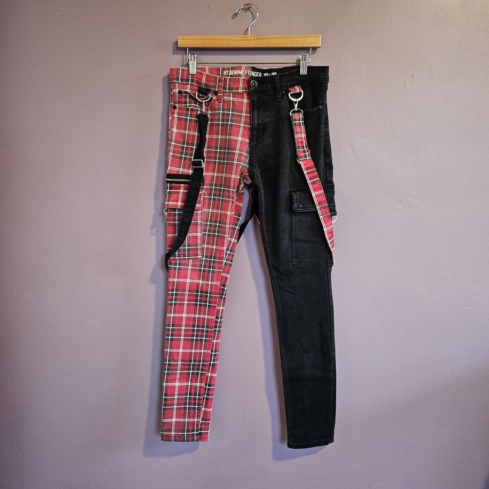 32x30 Men's Hot Topic Split Leg Plaid Punk Emo Stinger Skinny Jeans w/ Straps
